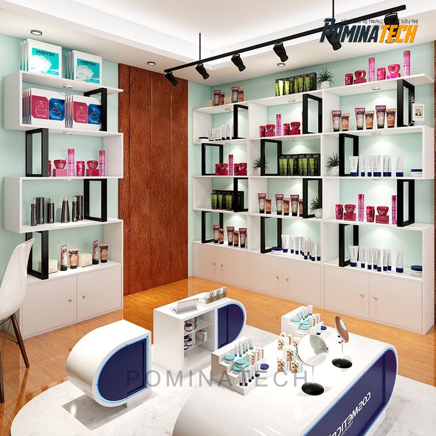 tu trung bay my pham go mdf Tủ Trưng Bày Mỹ Phẩm Gỗ MDF – Kệ Sáng Tạo, Tiện Ích Cho Mặt Hàng Cửa Hàng