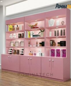 Tủ Trưng Bày Gỗ MDF Màu Hồng Sang Trọng – Thiết Kế Tinh Tế, Đèn LED Hiện Đại