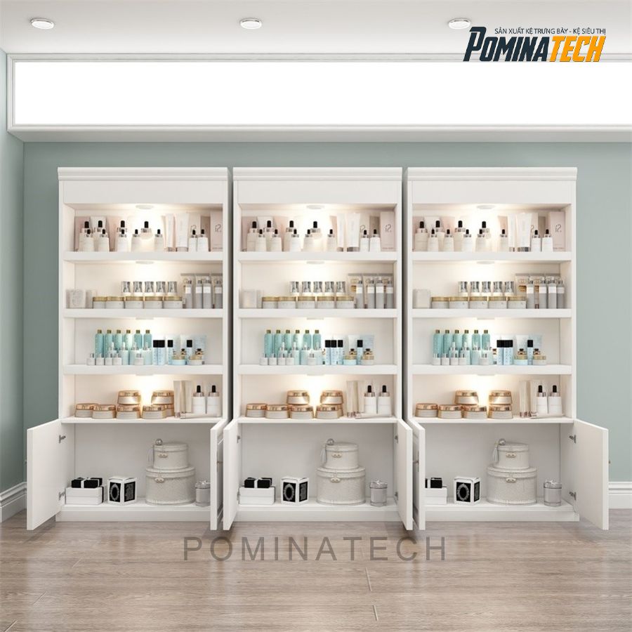 tu trung bay my pham go mdf sang trong Tủ Trưng Bày Mỹ Phẩm Gỗ MDF Sang Trọng, Thiết Kế Kèm Tủ Dưới – Tối Ưu Không Gian Trưng Bày