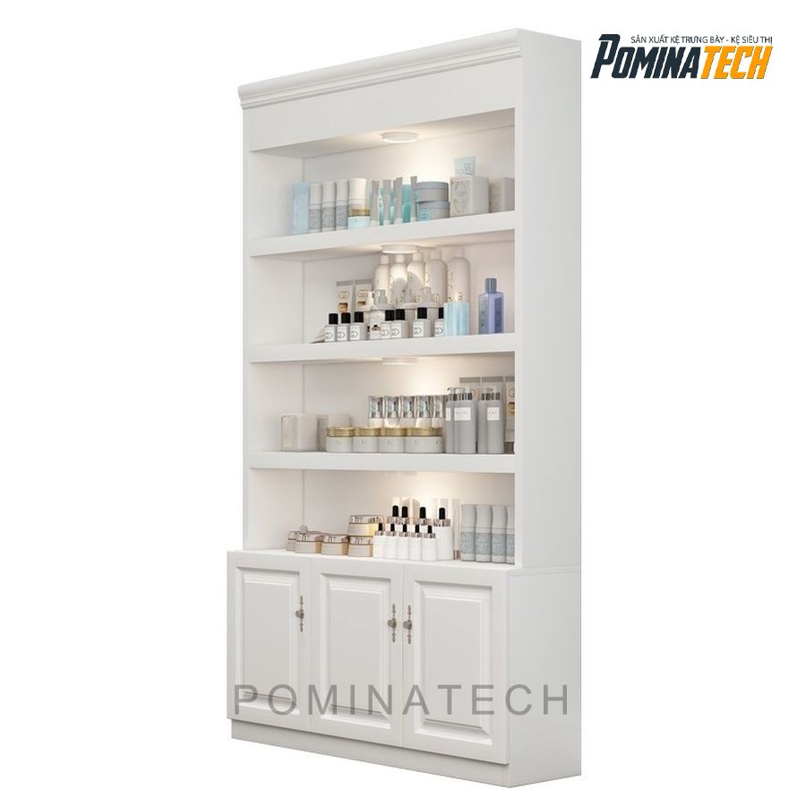 tu trung bay my pham go mdf sang trong Tủ Trưng Bày Mỹ Phẩm Gỗ MDF Sang Trọng, Thiết Kế Kèm Tủ Dưới – Tối Ưu Không Gian Trưng Bày